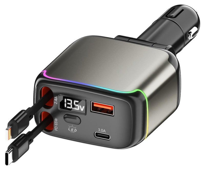 تونوف شاحن سيارة قابل للسحب ولاعة السجائر، قدرة كهربائية إجمالية 137 واط، شاحن سيارة سريع PD 65 واط، كابلات قابلة للسحب بطول 90 سم من Lightning وType-C، منفذ USB-A وUSB-C، حماية من سخونة زائدة، إضاءة رائعة، مناسب لأجهزة iPhone وأجهزة Android والتابلت وغيرها من الأجهزة. - Image 1